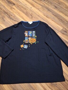 Vtg Hampshire Studio Thermal Halloween Embroidered Shirt Womens XL Sequins 90s